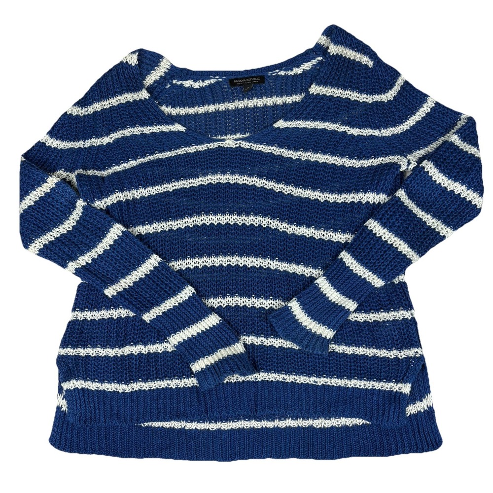 Banana Republic Sweater Womens M Blue White Italian Linen Striped Coastal Preppy